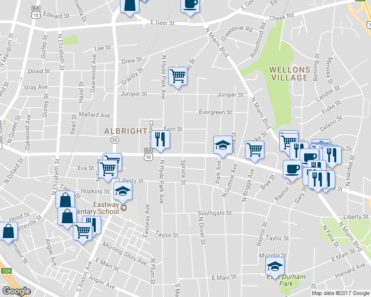 map of restaurants, bars, coffee shops, grocery stores, and more near 1009 Spruce Street in Durham