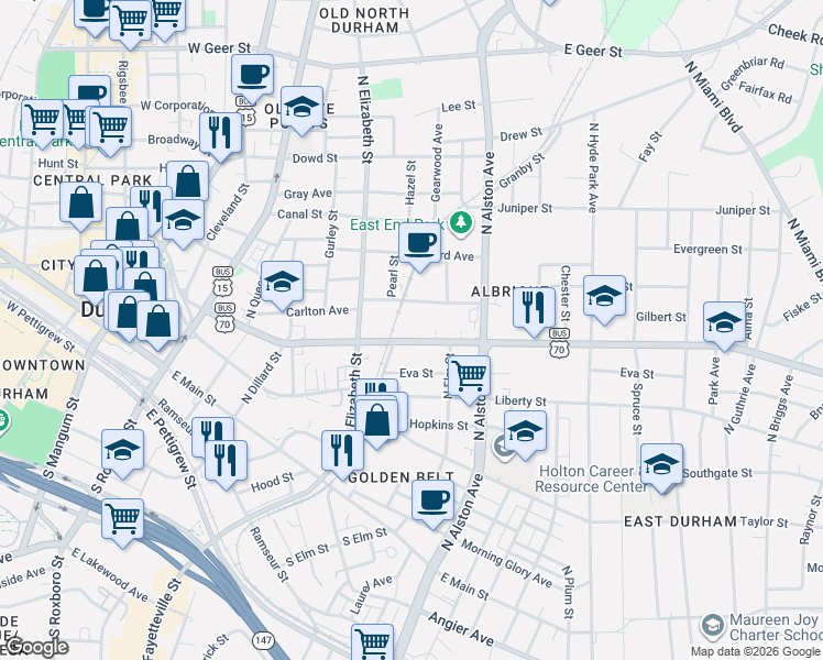 map of restaurants, bars, coffee shops, grocery stores, and more near 708 Gilbert Street in Durham