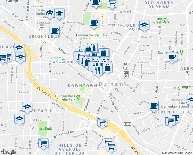 map of restaurants, bars, coffee shops, grocery stores, and more near 126 West Main Street in Durham