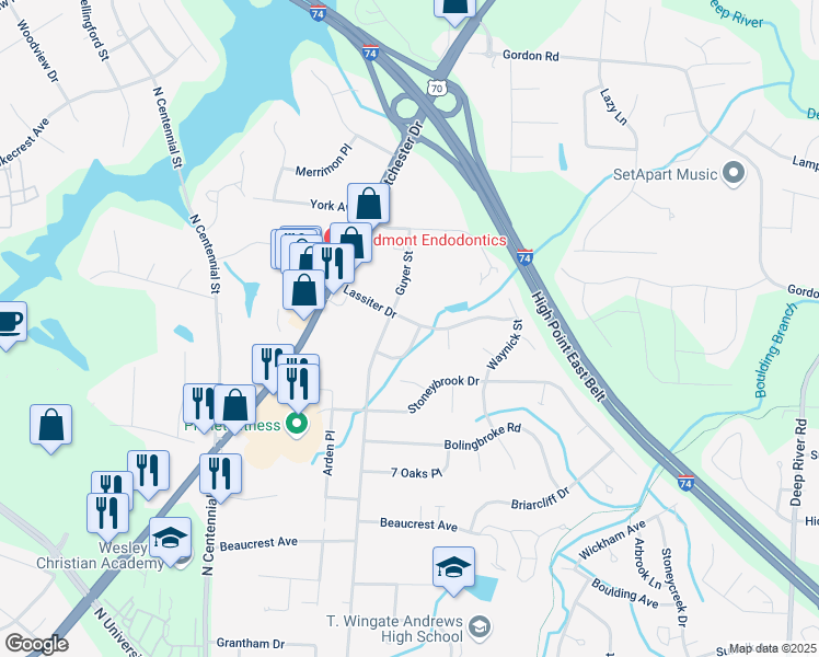 map of restaurants, bars, coffee shops, grocery stores, and more near 203 Lassiter Drive in High Point