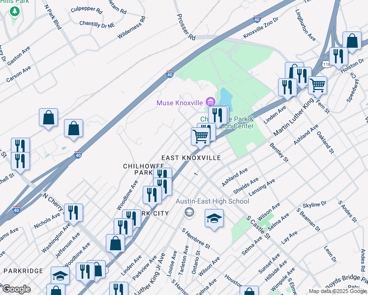map of restaurants, bars, coffee shops, grocery stores, and more near 3110 East 5th Avenue in Knoxville