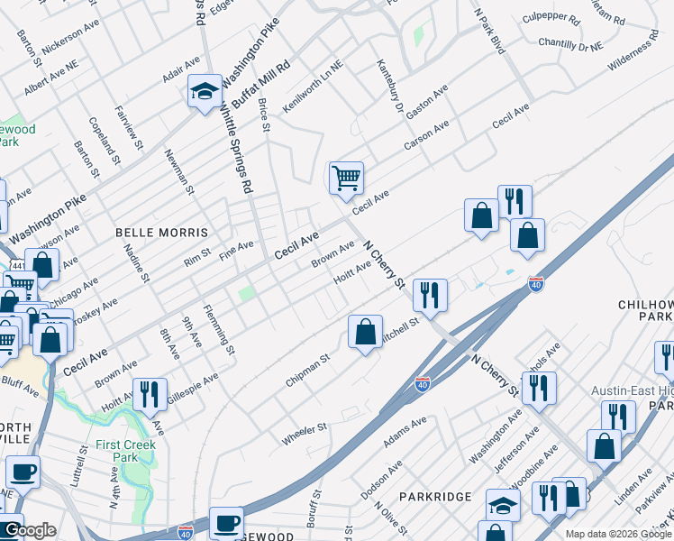 map of restaurants, bars, coffee shops, grocery stores, and more near 1920 Crockett Street in Knoxville