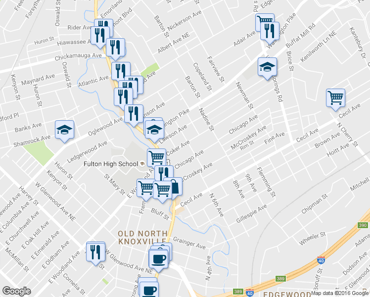 map of restaurants, bars, coffee shops, grocery stores, and more near 1601 Coker Avenue in Knoxville