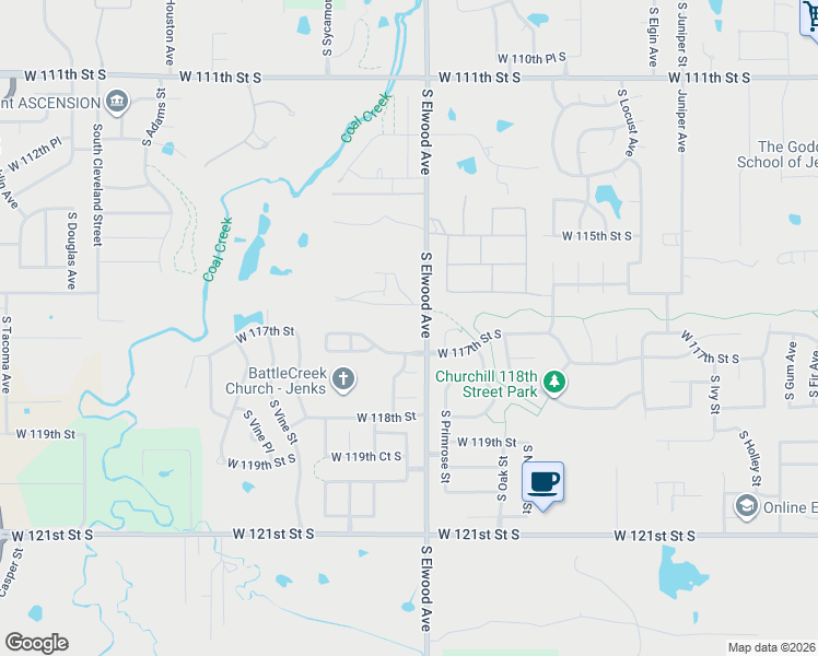 map of restaurants, bars, coffee shops, grocery stores, and more near 11524 South Elwood Avenue in Jenks