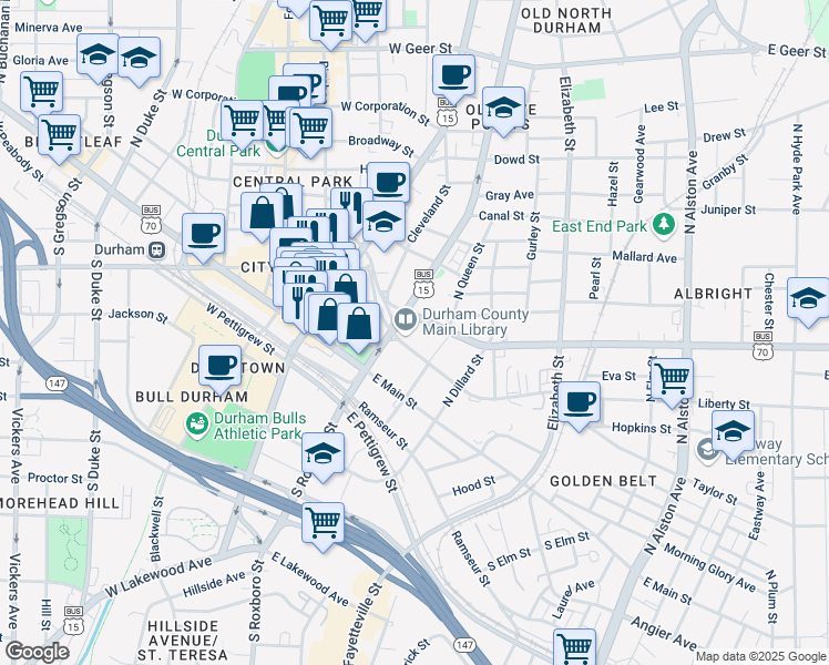 map of restaurants, bars, coffee shops, grocery stores, and more near 300 North Roxboro Street in Durham