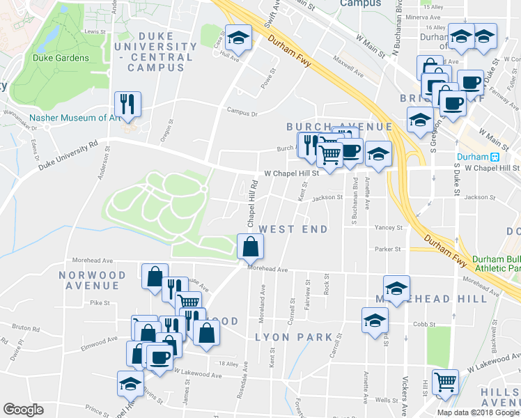 map of restaurants, bars, coffee shops, grocery stores, and more near 852 Estes Street in Durham