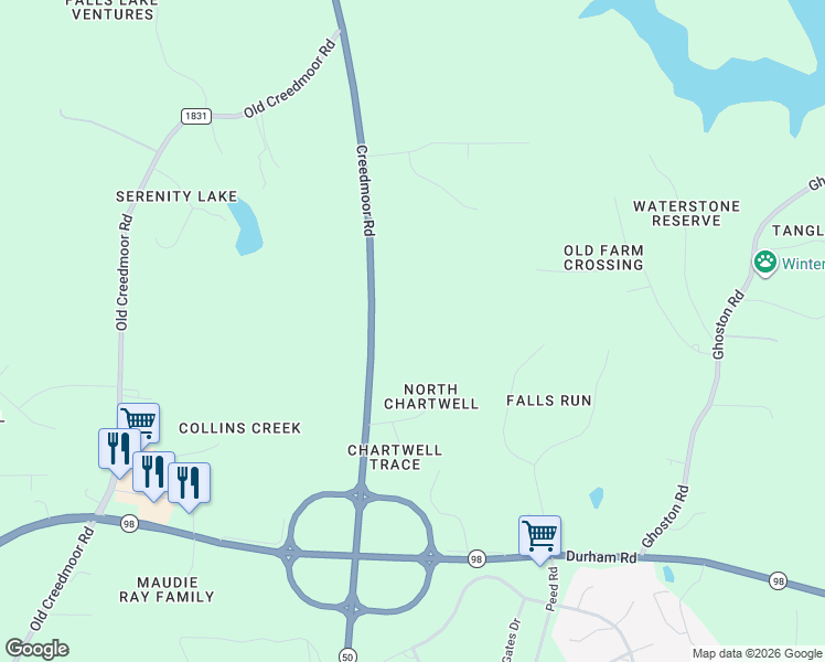map of restaurants, bars, coffee shops, grocery stores, and more near 12828 Creedmoor Road in Wake Forest