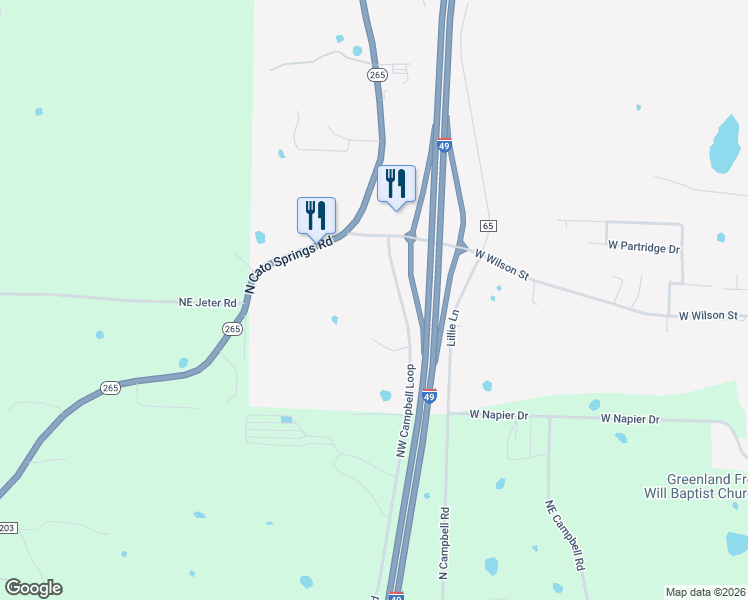 map of restaurants, bars, coffee shops, grocery stores, and more near 101 Northwest Campbell Loop in Fayetteville