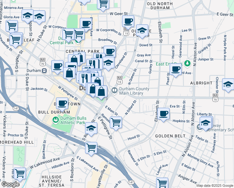 map of restaurants, bars, coffee shops, grocery stores, and more near 300 North Roxboro Street in Durham