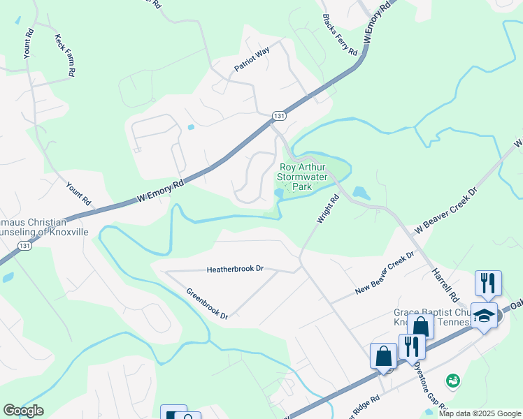 map of restaurants, bars, coffee shops, grocery stores, and more near 7117 Pondside Lane in Knoxville