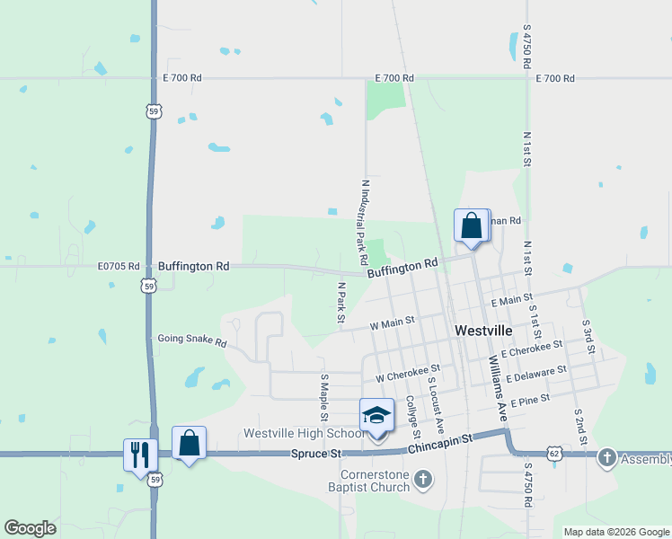 map of restaurants, bars, coffee shops, grocery stores, and more near Buffington Road in Westville