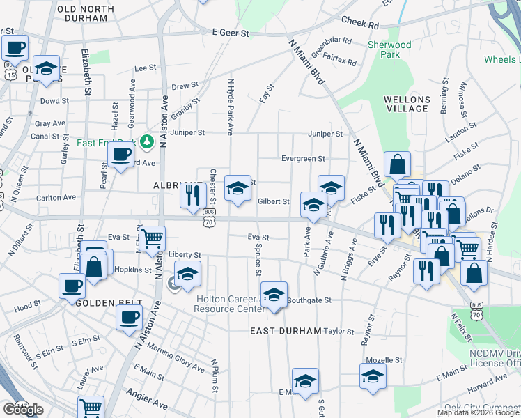map of restaurants, bars, coffee shops, grocery stores, and more near 906 Spruce Street in Durham