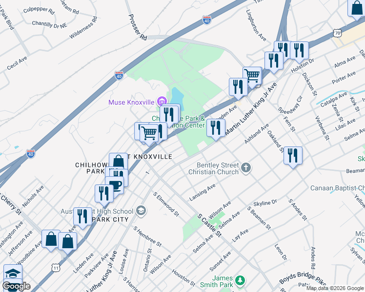 map of restaurants, bars, coffee shops, grocery stores, and more near 3299 Linden Avenue in Knoxville