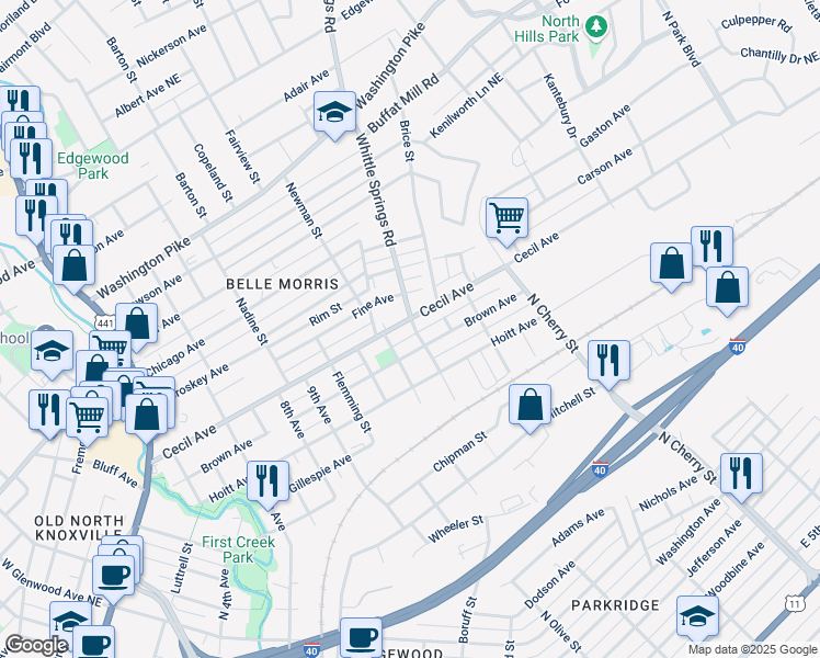 map of restaurants, bars, coffee shops, grocery stores, and more near 2327 Cecil Avenue in Knoxville
