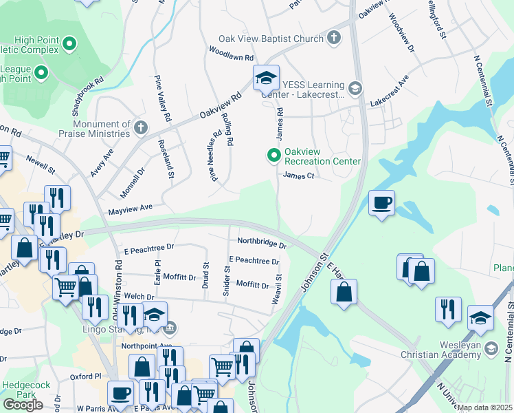 map of restaurants, bars, coffee shops, grocery stores, and more near 160 James Road in High Point
