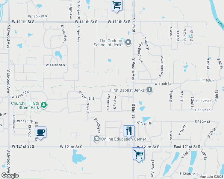 map of restaurants, bars, coffee shops, grocery stores, and more near 809 West 117th Street South in Jenks