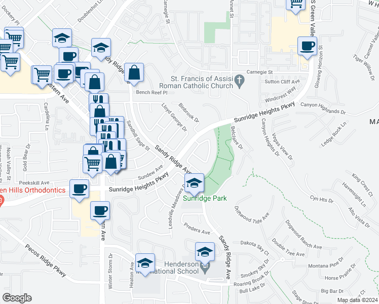 map of restaurants, bars, coffee shops, grocery stores, and more near 871 Rainbolt Lane in Henderson