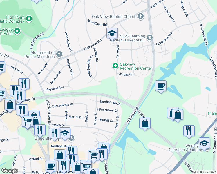 map of restaurants, bars, coffee shops, grocery stores, and more near 133 James Road in High Point