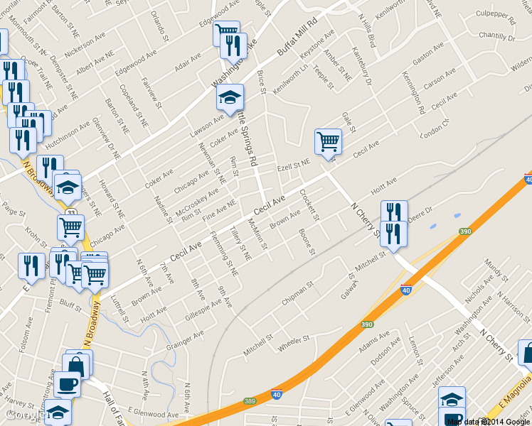map of restaurants, bars, coffee shops, grocery stores, and more near 2327 Cecil Avenue in Knoxville