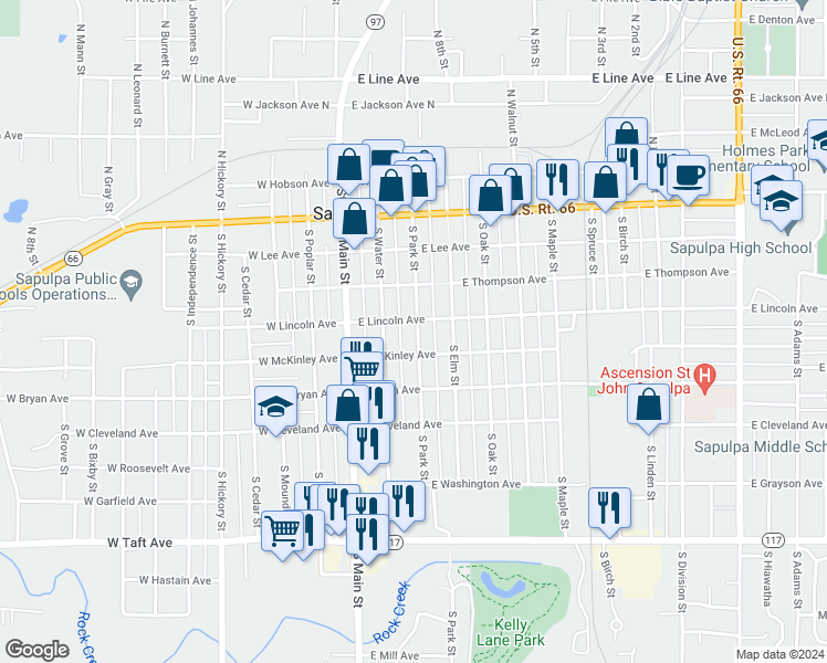 map of restaurants, bars, coffee shops, grocery stores, and more near 303 South Park Street in Sapulpa