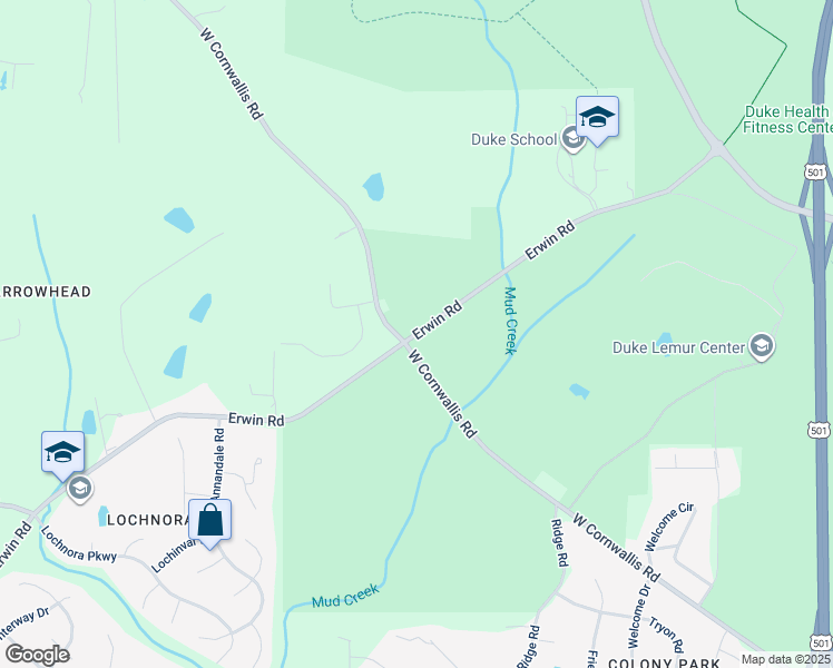 map of restaurants, bars, coffee shops, grocery stores, and more near Erwin Road in Durham