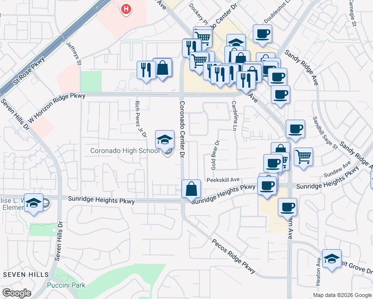 map of restaurants, bars, coffee shops, grocery stores, and more near 925 Wagner Valley Street in Henderson