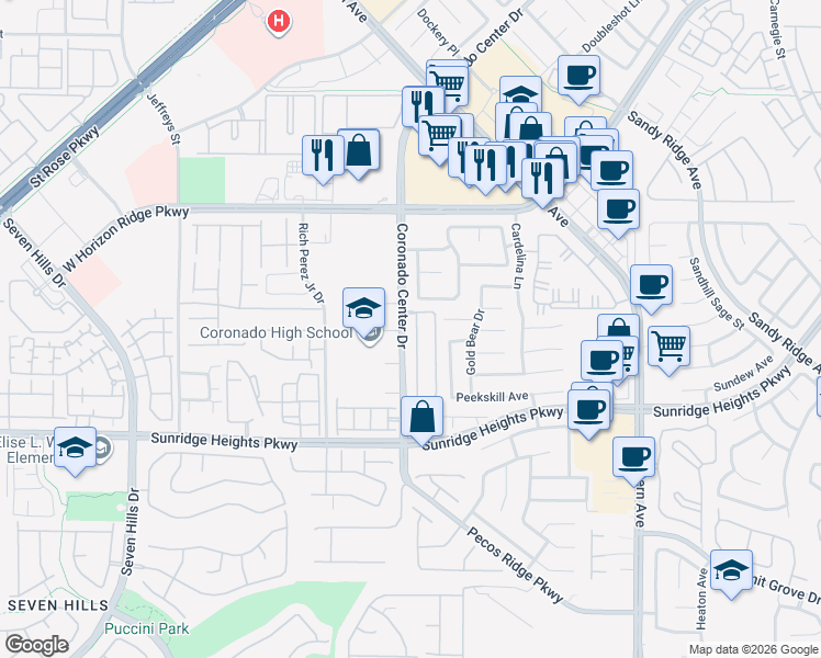 map of restaurants, bars, coffee shops, grocery stores, and more near 925 Wagner Valley Street in Henderson