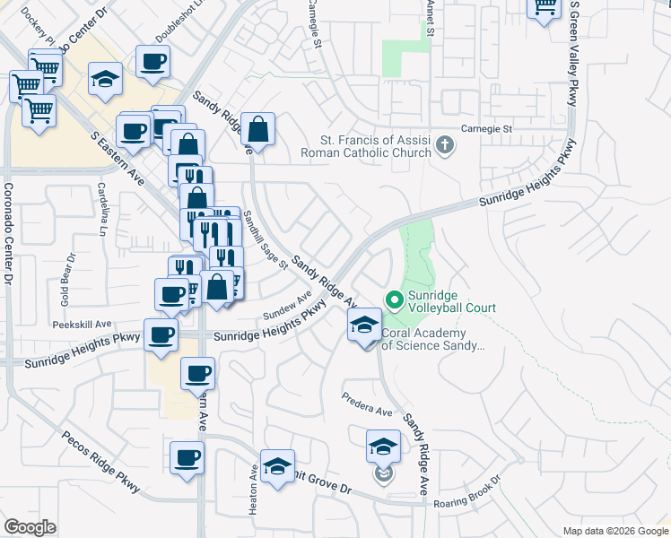 map of restaurants, bars, coffee shops, grocery stores, and more near 2571 Swans Chance Avenue in Henderson