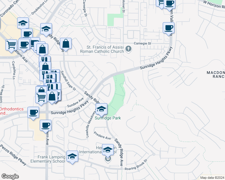 map of restaurants, bars, coffee shops, grocery stores, and more near 860 Roanhorse Lane in Henderson