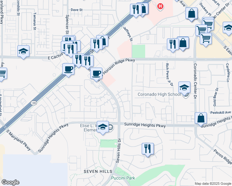 map of restaurants, bars, coffee shops, grocery stores, and more near 950 Seven Hills Drive in Henderson
