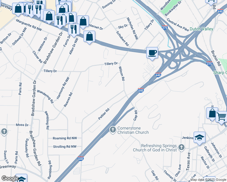 map of restaurants, bars, coffee shops, grocery stores, and more near 1415 Wilson Road in Knoxville