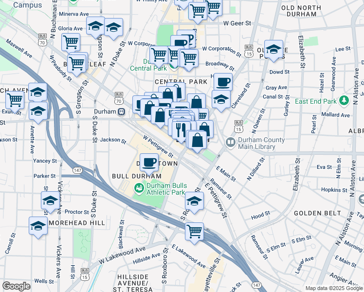 map of restaurants, bars, coffee shops, grocery stores, and more near 126 West Main Street in Durham