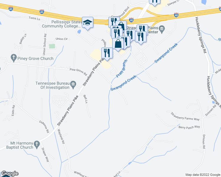 map of restaurants, bars, coffee shops, grocery stores, and more near 7104 Strawberry Plains Pike in Knoxville