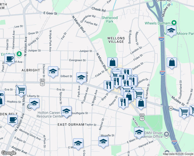 map of restaurants, bars, coffee shops, grocery stores, and more near 911 Fiske Street in Durham
