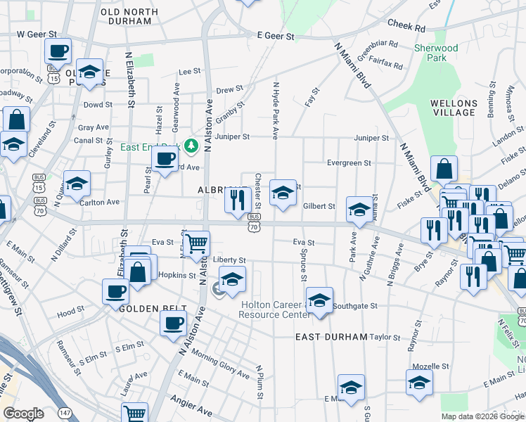 map of restaurants, bars, coffee shops, grocery stores, and more near 1001 North Hyde Park Avenue in Durham