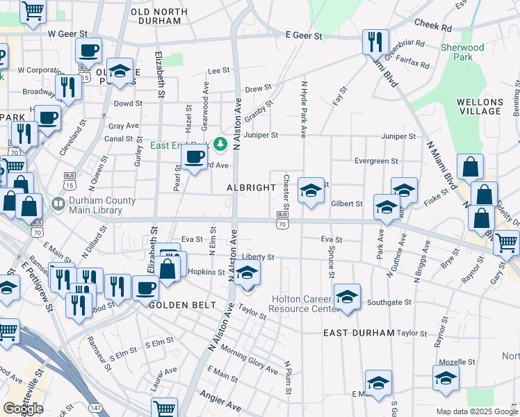 map of restaurants, bars, coffee shops, grocery stores, and more near in Durham