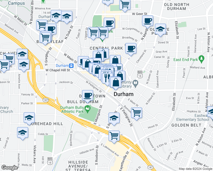 map of restaurants, bars, coffee shops, grocery stores, and more near 126 West Main Street in Durham