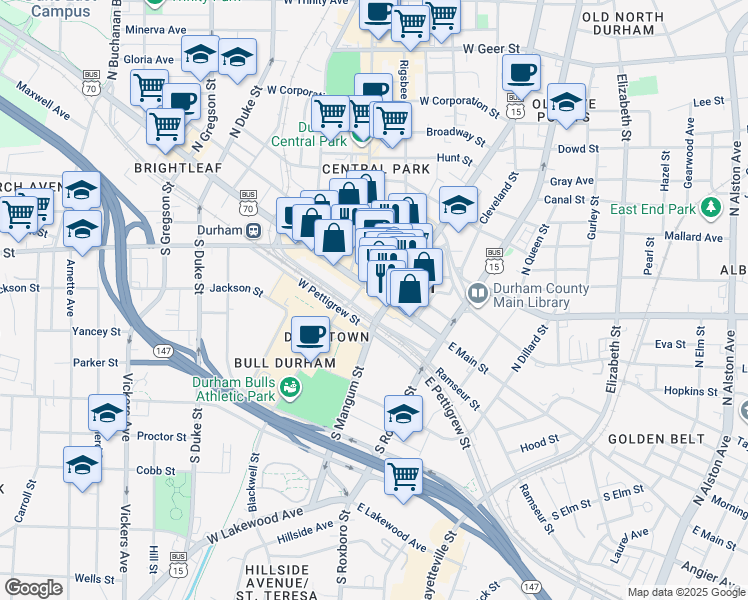map of restaurants, bars, coffee shops, grocery stores, and more near 126 West Main Street in Durham
