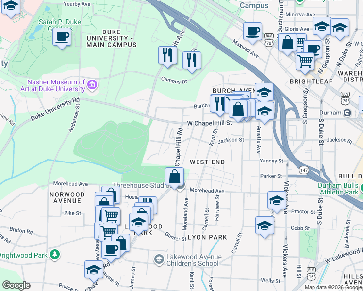 map of restaurants, bars, coffee shops, grocery stores, and more near 1407 West Chapel Hill Street in Durham