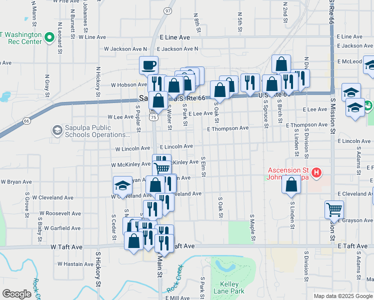 map of restaurants, bars, coffee shops, grocery stores, and more near 303 South Park Street in Sapulpa