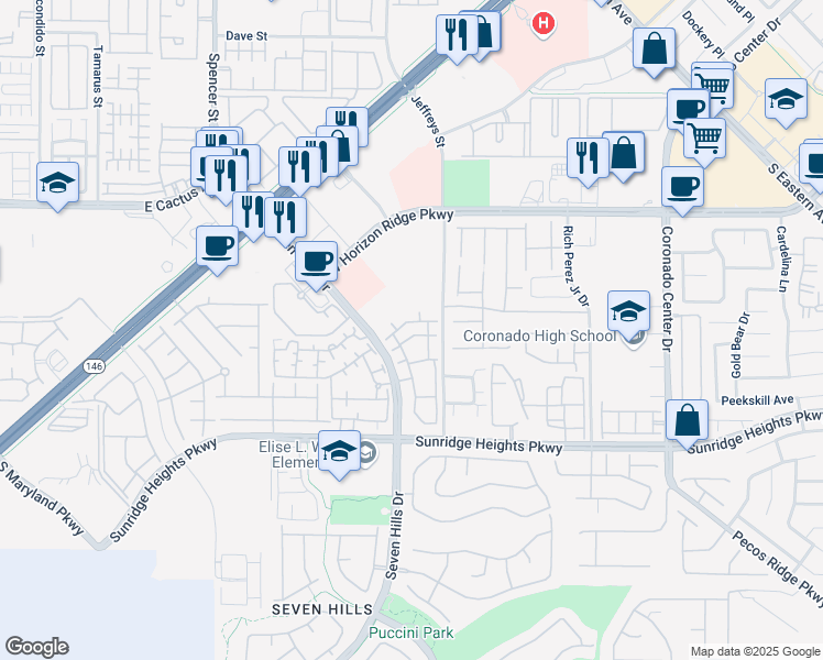 map of restaurants, bars, coffee shops, grocery stores, and more near 950 Seven Hills Drive in Henderson