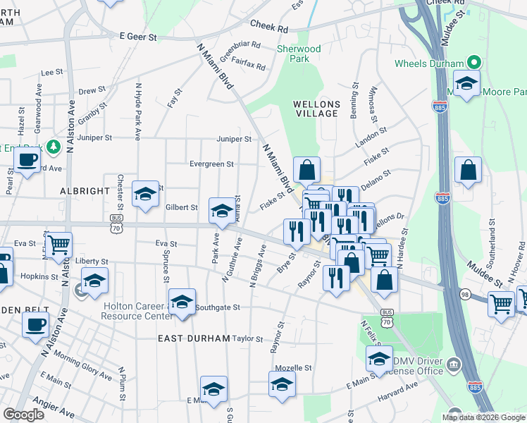 map of restaurants, bars, coffee shops, grocery stores, and more near 911 Fiske Street in Durham