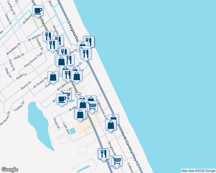 map of restaurants, bars, coffee shops, grocery stores, and more near 2031 South Virginia Dare Trail in Kill Devil Hills