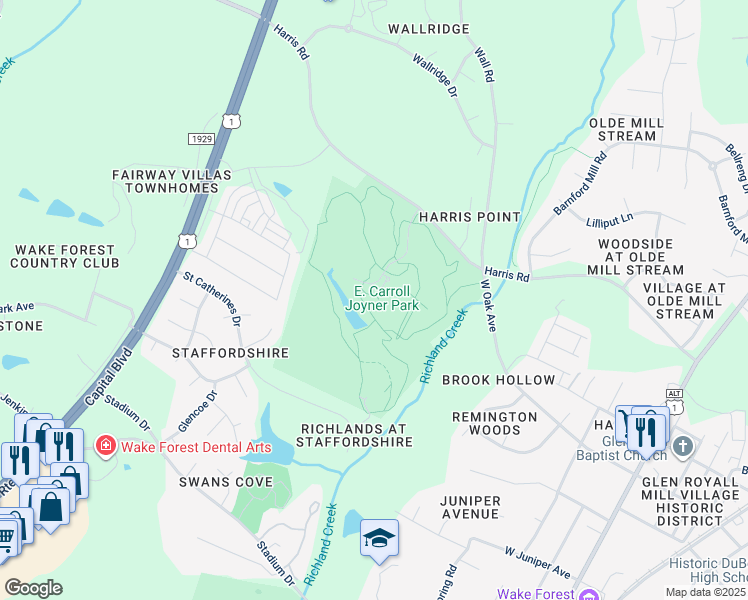 map of restaurants, bars, coffee shops, grocery stores, and more near Unnamed Road in Wake Forest