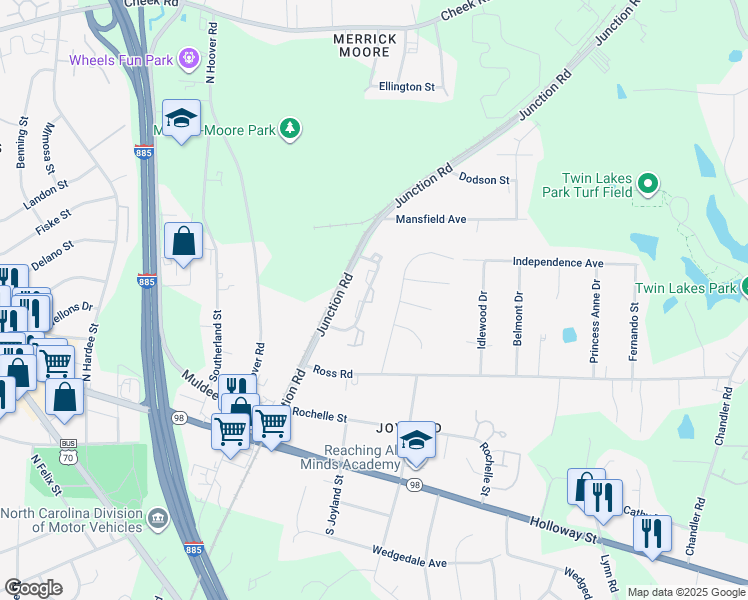 map of restaurants, bars, coffee shops, grocery stores, and more near 322 Junction Road in Durham
