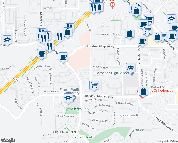 map of restaurants, bars, coffee shops, grocery stores, and more near 950 Seven Hills Drive in Henderson
