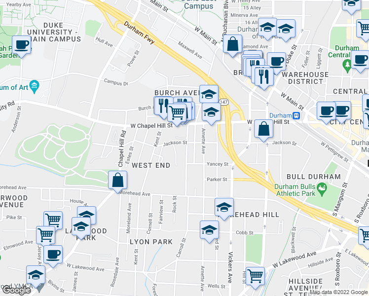map of restaurants, bars, coffee shops, grocery stores, and more near 706 Carroll Street in Durham