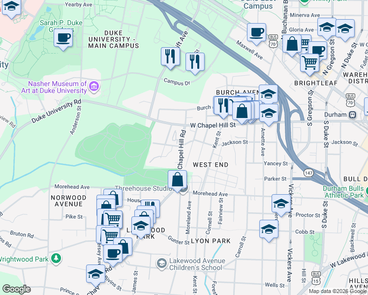 map of restaurants, bars, coffee shops, grocery stores, and more near 1407 West Chapel Hill Street in Durham