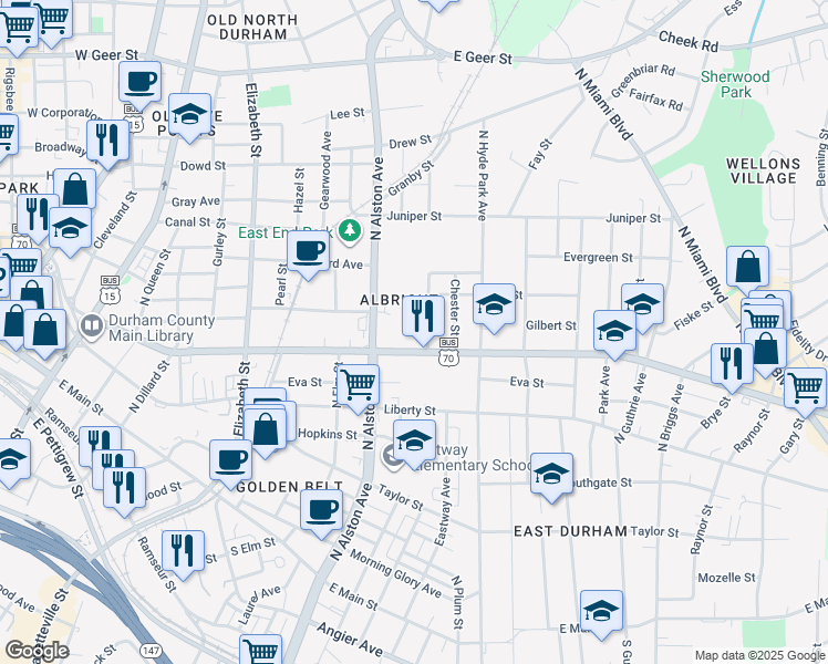 map of restaurants, bars, coffee shops, grocery stores, and more near 915 Holloway Street in Durham