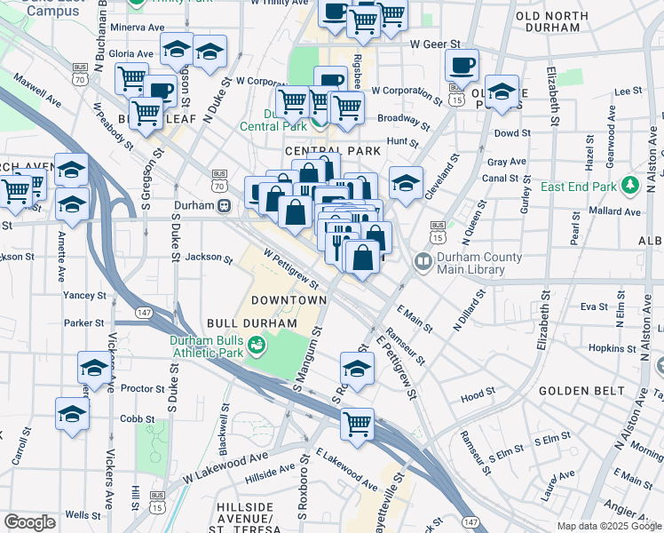 map of restaurants, bars, coffee shops, grocery stores, and more near 126 West Main Street in Durham